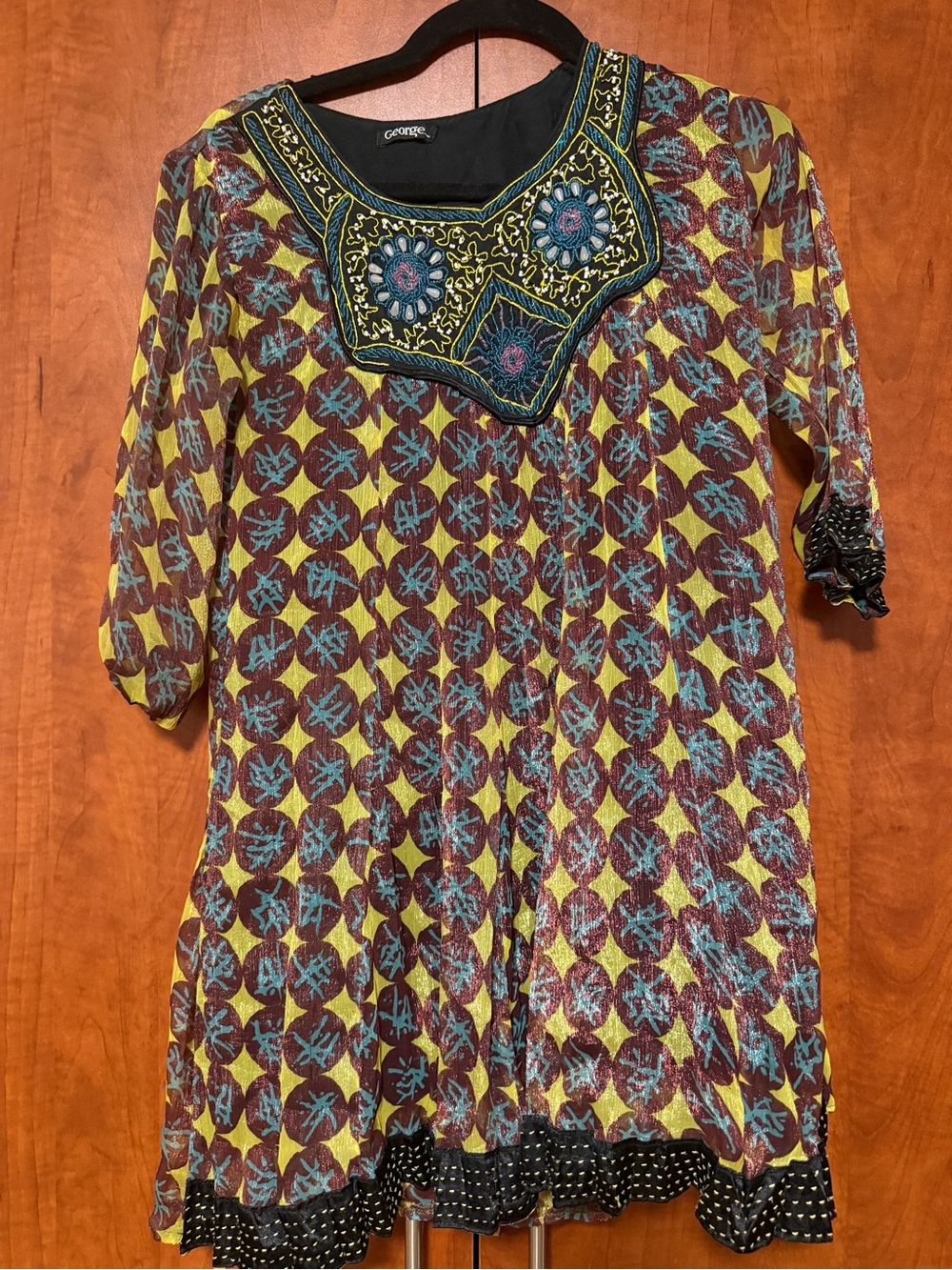 Teenage George Black Tunic with Teal, Mustard & Burgundy Embroidery